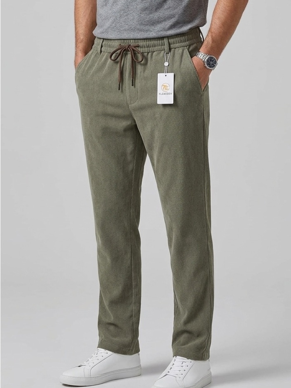 FlexCozy Men's Corduroy Casual Drawstring Pants — Olive Green/Sage Size XL